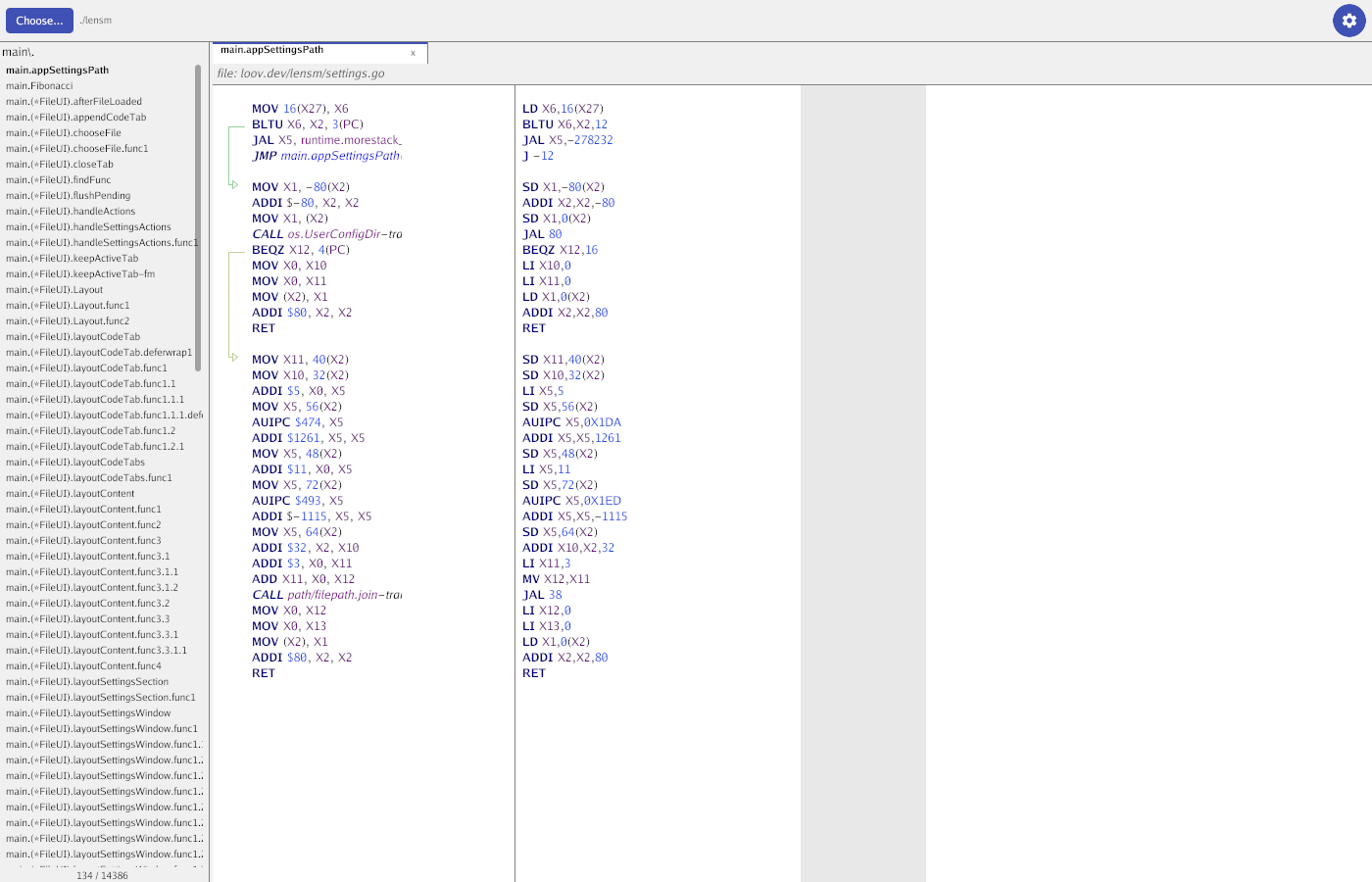 lensm running natively on riscv64 under Xvfb, Go assembly beside native RISC-V