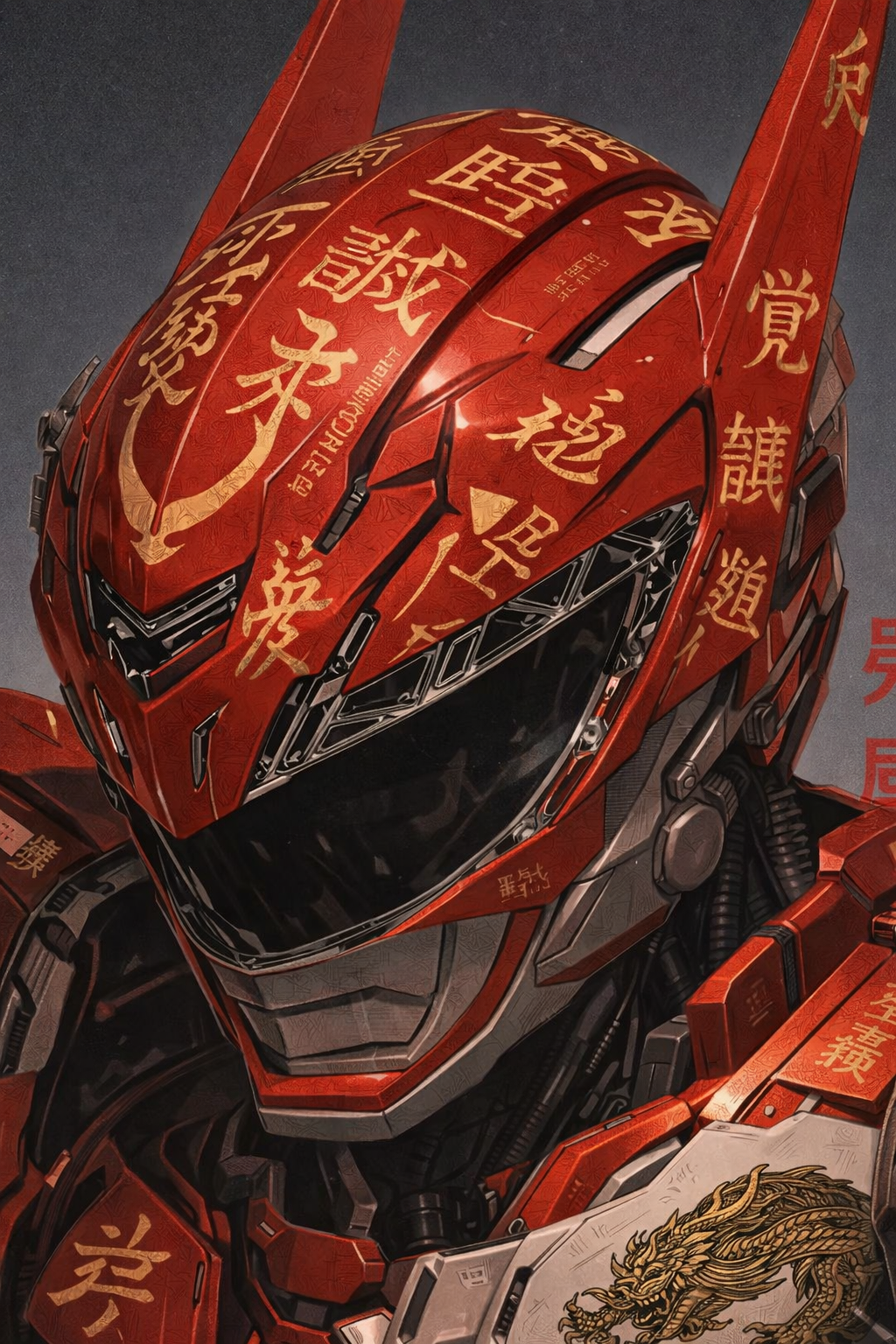 Striking Red Mecha Helmet Featuring Golden Chinese Script and Dragon Motif