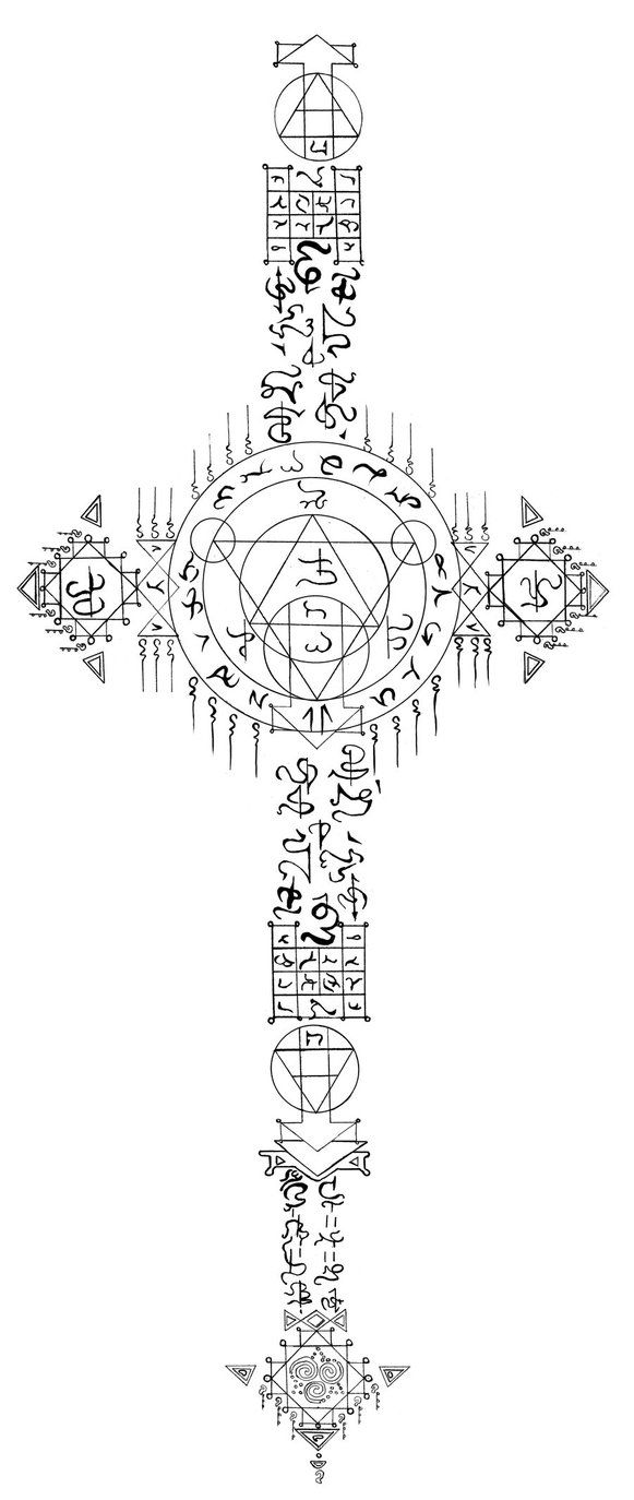 the cross is made up of letters and numbers, all on one side with arrows