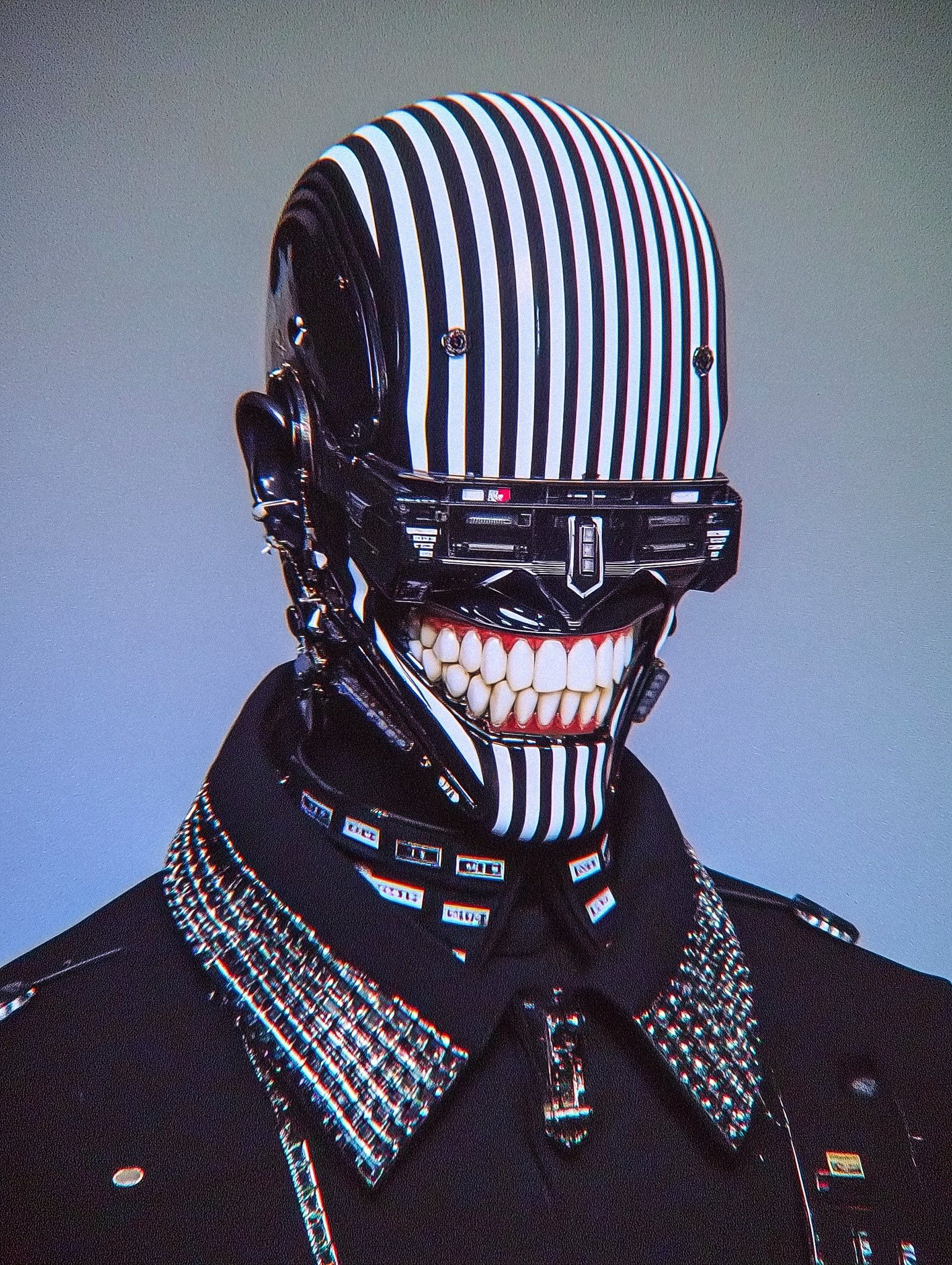 a man with black and white stripes on his face is wearing a mask that has teeth