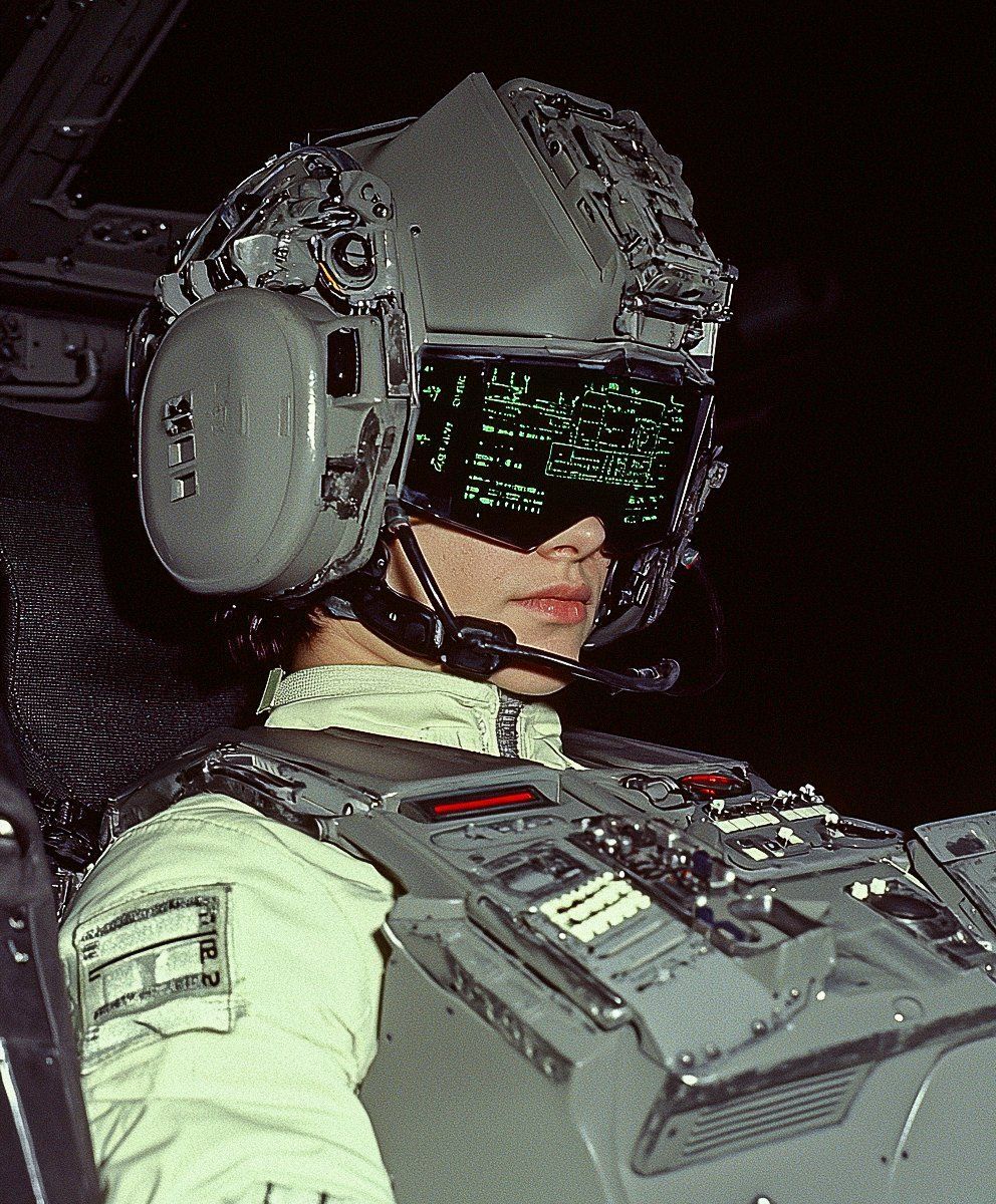 a woman in an airplane cockpit wearing a pilot's helmet