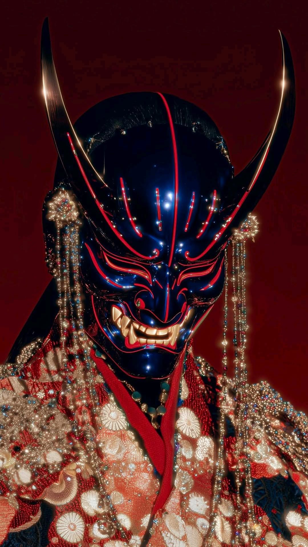 a man in an elaborate costume with horns on his head and eyes painted red, white and blue
