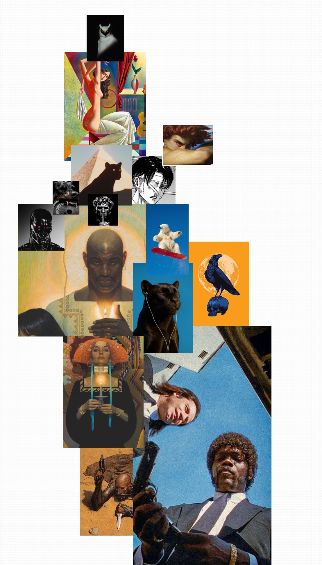 A tall collage of saved images overlapping down the page: paintings, film stills, a manga panel, a terminator skull, big cats, a raven on a skull, and a polar bear on a snowboard.