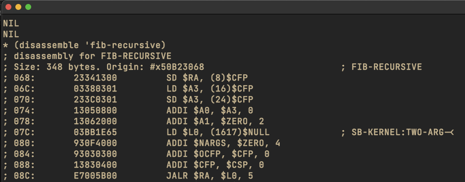 First 10 lines of fib-recursive disassembly