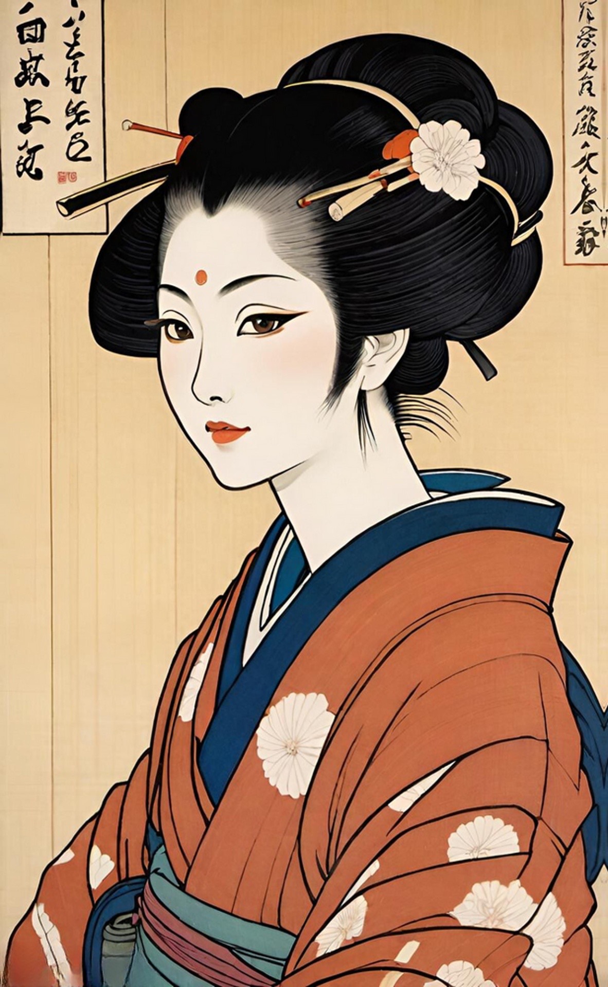 A woodblock-style portrait of a geisha in three-quarter view: white face, black hair pinned up with lacquered picks and a white chrysanthemum, wearing a rust kimono patterned with pale blossoms over a blue collar, against a pale ground hung with two columns of calligraphy.