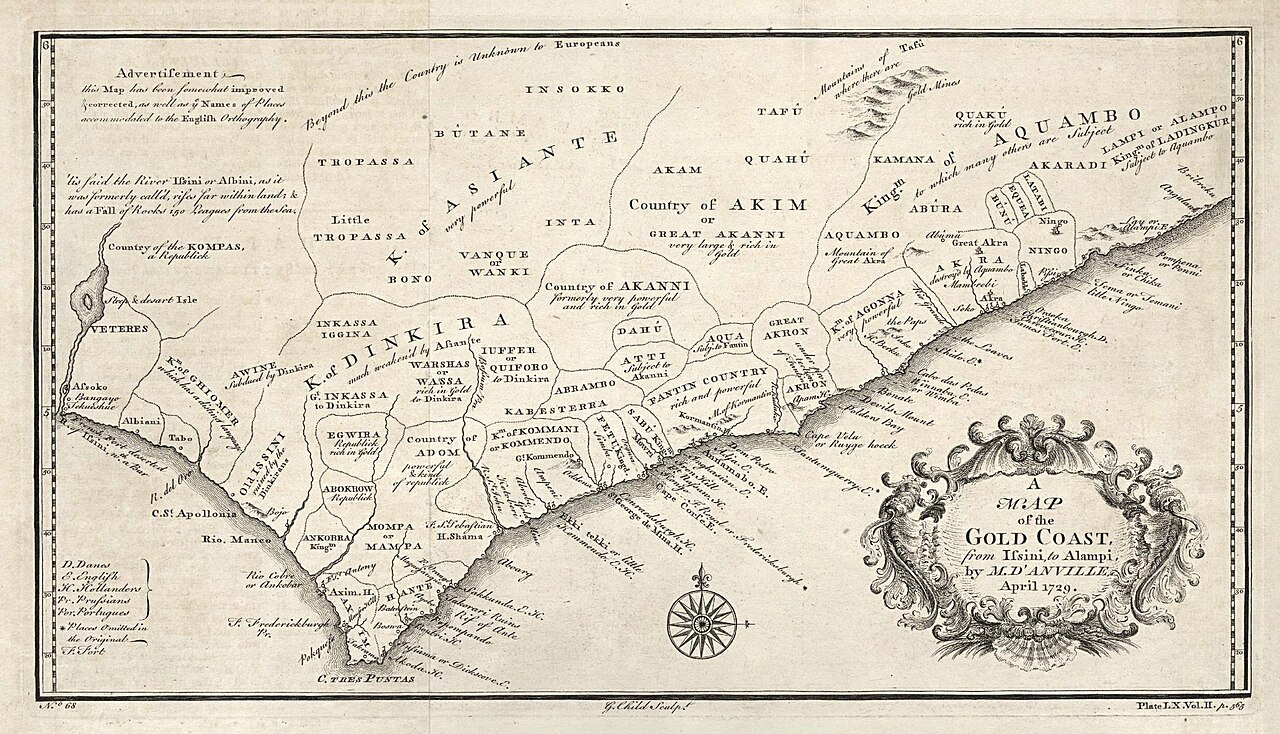 Hand-coloured 1745 engraved map of the Gold Coast, the shoreline running east to west across the sheet, dotted with the names of coastal forts and trading towns from Issini to Alampi.