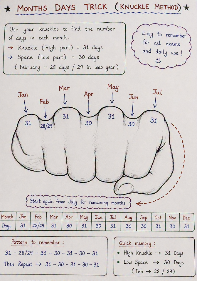 A handwritten and hand-drawn sheet titled "Months Days Trick (Knuckle Method)". A pencil drawing of a closed fist runs across the middle, its four knuckles and the three dips between them labelled Jan to Jul with 31 on each knuckle, 30 in each dip, and 28/29 written under February; an arrow curls back to the first knuckle beside the note "start again from July for remaining months". Underneath, a table gives all twelve months and their day counts, and two boxes restate the pattern 31 - 28/29 - 31 - 30 - 31 - 30 - 31, then repeat.