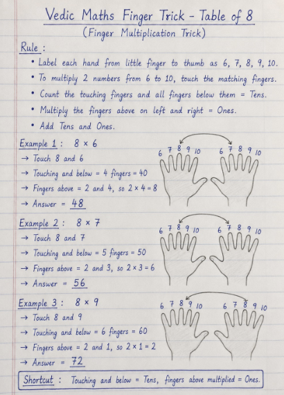 A ruled notebook page in blue ink headed "Vedic Maths Finger Trick - Table of 8 (Finger Multiplication Trick)". A five-line rule at the top is followed by three worked examples -- 8 x 6 = 48, 8 x 7 = 56 and 8 x 9 = 72 -- each with a pair of drawn hands beside it, fingers numbered 6 to 10 from the little finger, showing which two fingers touch and which are counted as tens and which as ones. A boxed shortcut at the foot restates it in a line.