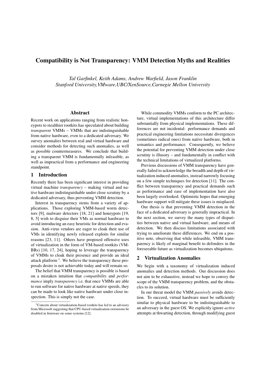 First page of Garfinkel and others, "Compatibility is Not Transparency: VMM Detection Myths and Realities", HotOS XI 2007.