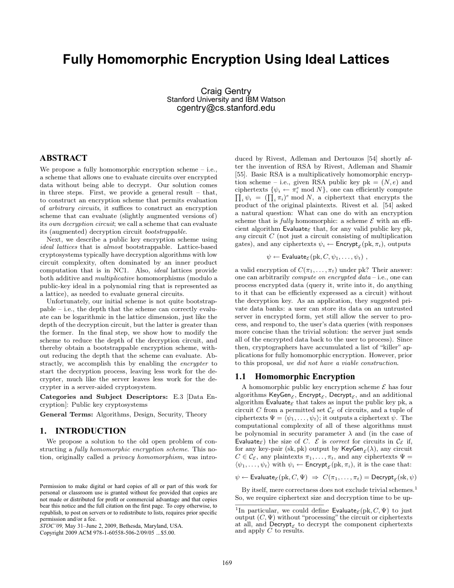 First page of Craig Gentry, "Fully Homomorphic Encryption Using Ideal Lattices", STOC 2009.