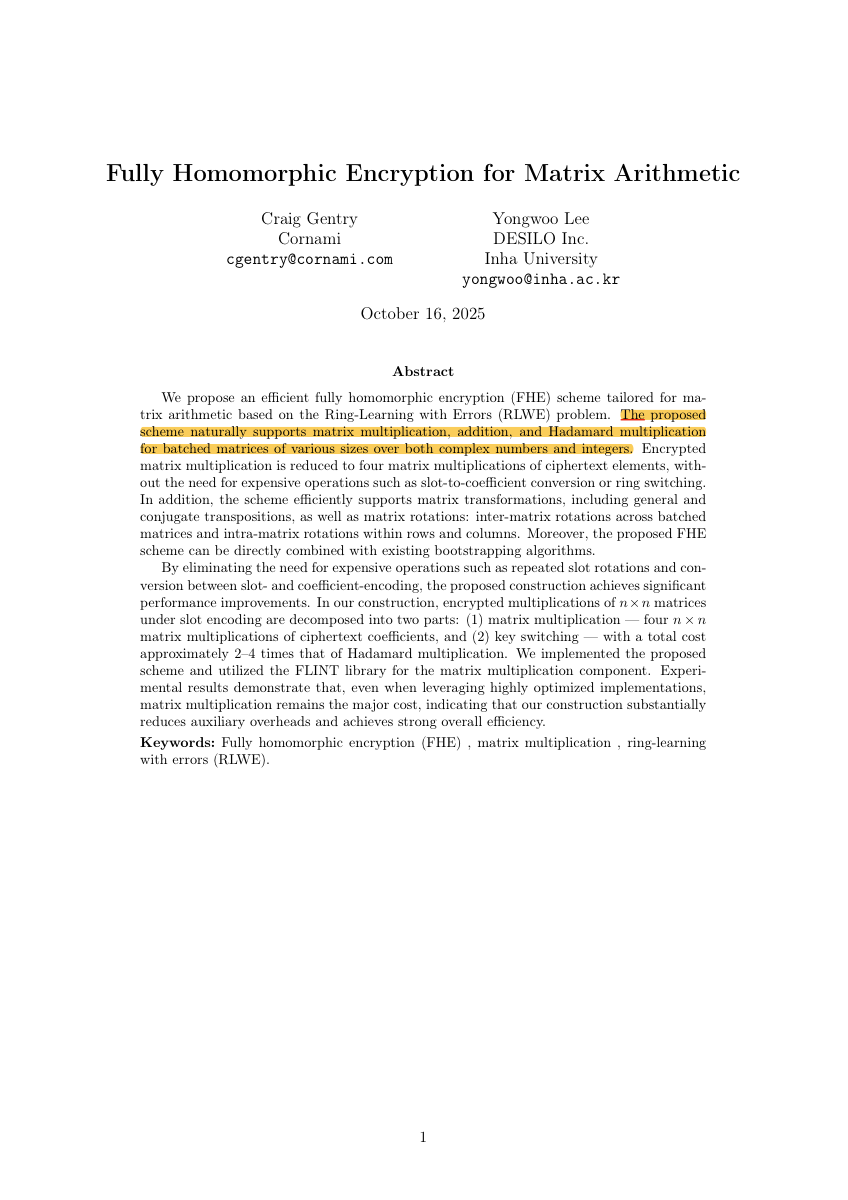 First page of Craig Gentry and Yongwoo Lee, "Fully Homomorphic Encryption for Matrix Arithmetic".