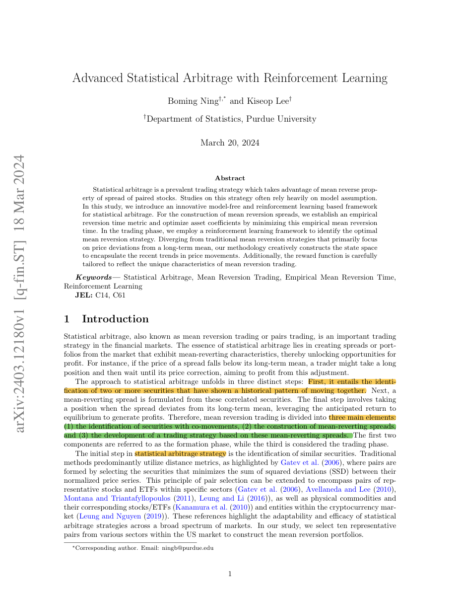 First page of Boming Ning and Kiseop Lee, "Advanced Statistical Arbitrage with Reinforcement Learning".