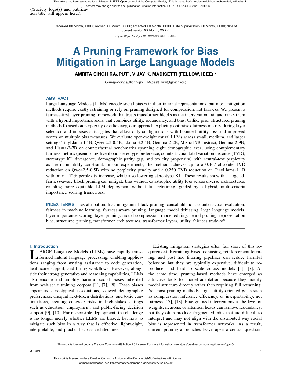 First page of Rajput and Madisetti, "A Pruning Framework for Bias Mitigation in Large Language Models".