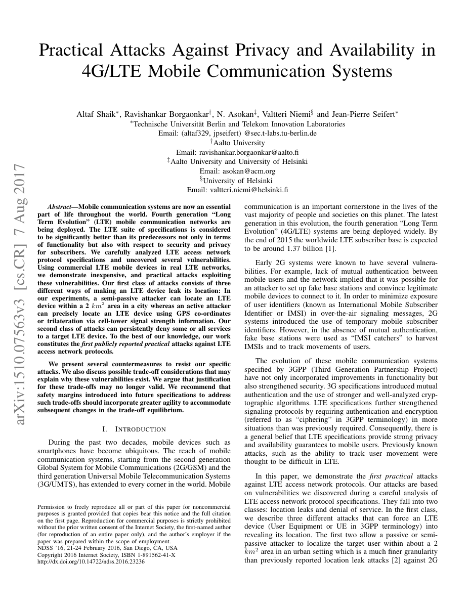 First page of Shaik and others, "Practical Attacks Against Privacy and Availability in 4G/LTE Mobile Communication Systems", NDSS 2016.