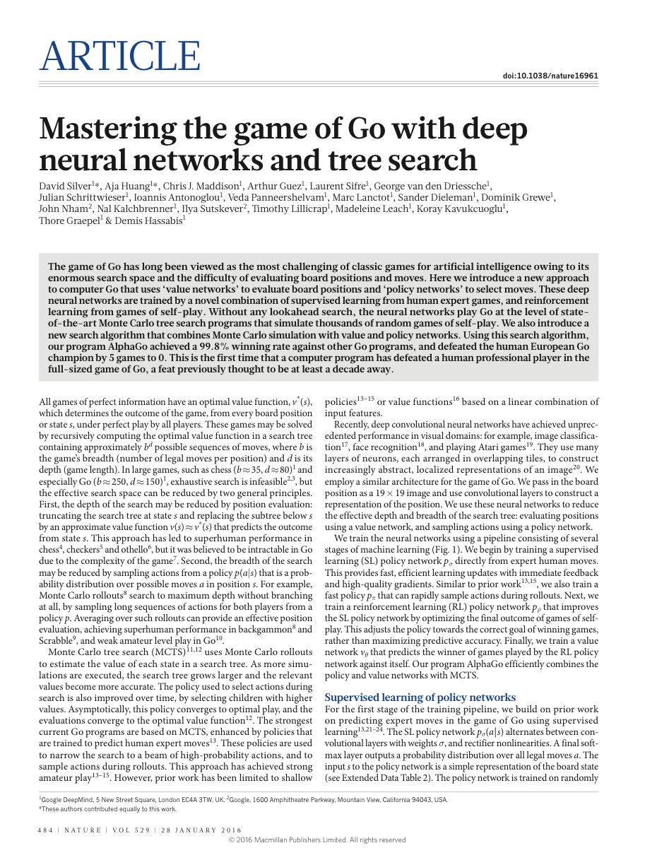 First page of Silver and others, "Mastering the game of Go with deep neural networks and tree search", Nature, January 2016.