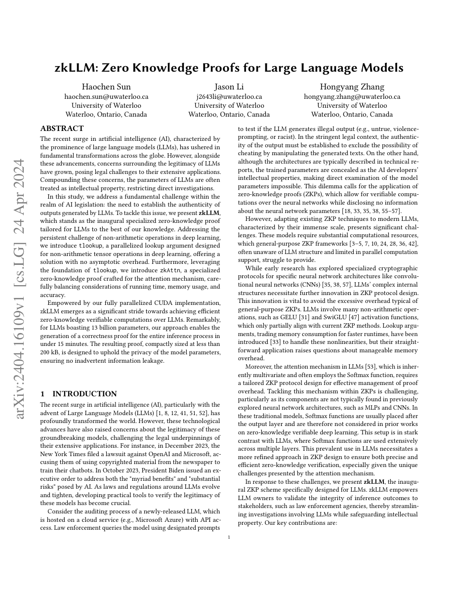 First page of Sun, Li and Zhang, "zkLLM: Zero Knowledge Proofs for Large Language Models", CCS 2024.