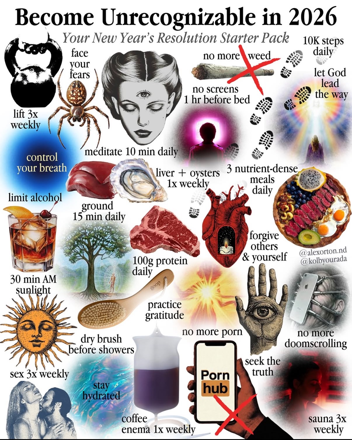 A dense collage headed &ldquo;Become Unrecognizable in 2026: Your New Year's Resolution Starter Pack&rdquo;. Cut-out images overlap down the sheet, each labelled with a habit: a kettlebell for lifting three times weekly, a spider for facing your fears, a woman's face with a third eye for meditating, a crossed-out joint, boot prints for ten thousand steps, a figure in light for letting God lead the way, liver and oysters, a steak for a hundred grams of protein, a tree for grounding, a tumbler for limiting alcohol, a sun for morning light, a dry brush, an anatomical heart for forgiveness, a plate of meat and fruit, an eye in an open palm for seeking the truth, a crossed-out phone, a hand of steel gripping a head for doomscrolling, and a figure in red heat for the sauna. Signed in the lower right with the handles @alexorton.nd and @kolbyourada.