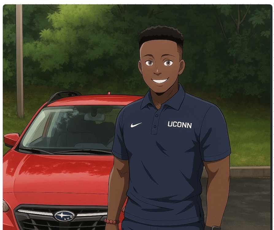 Anime-style illustration of me standing in front of a red Subaru in a navy UConn polo.