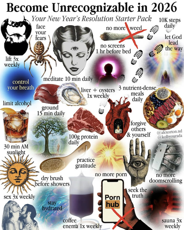 A poster headed 'Become Unrecognizable in 2026 — Your New Year's Resolution Starter Pack': two dozen cut-out pictures crowded on a white sheet, each labelled in serif type. Lift 3x weekly, face your fears, meditate 10 min daily, no more weed, no screens 1 hr before bed, 10K steps daily, let God lead the way, control your breath, limit alcohol, liver and oysters 1x weekly, 3 nutrient-dense meals daily, ground 15 min daily, 100g protein daily, forgive others and yourself, 30 min AM sunlight, practice gratitude, dry brush before showers, no more porn, seek the truth, no more doomscrolling, sex 3x weekly, stay hydrated, coffee enema 1x weekly, sauna 3x weekly. The pictures are a kettlebell, a spider, a woman's face with a third eye, a footprint, a lit figure seen from behind, a slab of liver and an oyster, a whisky glass, a tree with a figure inside it, a steak, an anatomical heart, a bowl of fruit and eggs, a sun's face, a dry brush, an eye in an open palm, a phone, and a bag of dark liquid. Signed in the corner @alexorton.nd and @kolbyourada.